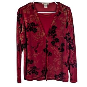Notations L Sheer Floral Mesh Cardigan Womens Red Long Sleeve Layered Top